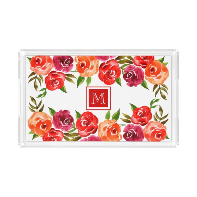 Pink Red Orange Flowers Monogrammed Vanity Acrylic Tray (Front)