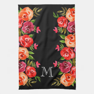 Pink Red Orange Flowers on Black Kitchen Towel