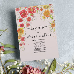 Pink red orange green floral country wedding invitation