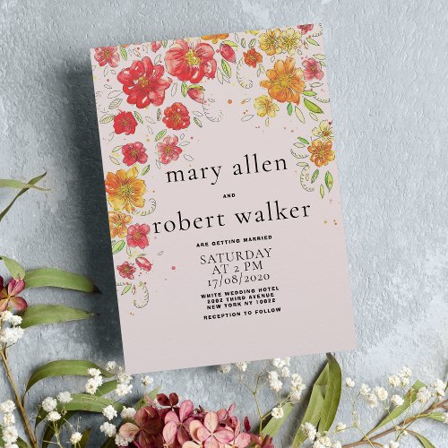 Pink red orange green floral country wedding  invitation