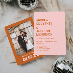 Pink Red Orange Groovy Retro 70s Wedding Invitation