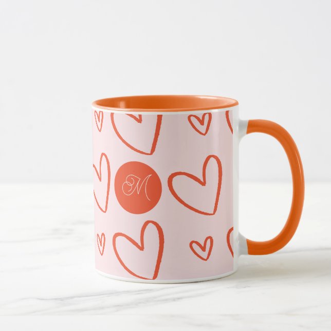 Pink Red & Orange Hearts Monogram Initial  Mug (Right)
