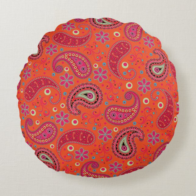 pink red orange paisley pattern,boho paisley round pillow (Front)