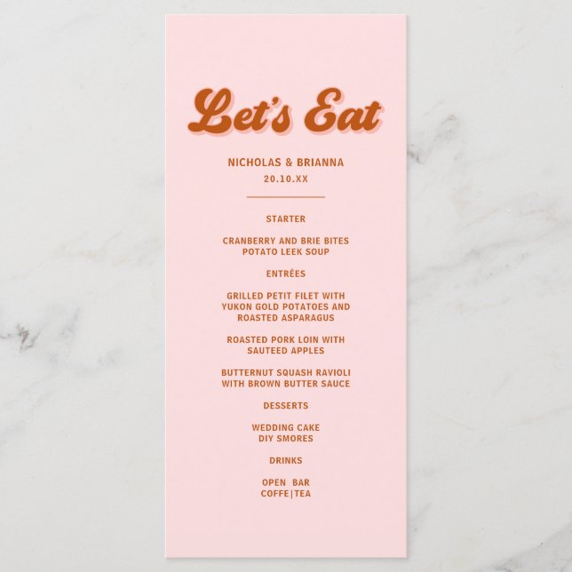 Pink Red Orange Retro Groovy Disco Wedding Menu (Front)