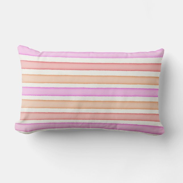Pink red orange white stripes lumbar pillow (Front)