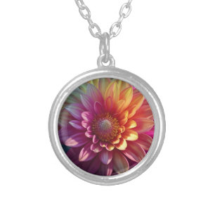 Pink Red Orange Yellow Purple Dahlia Flower Silver Plated Necklace