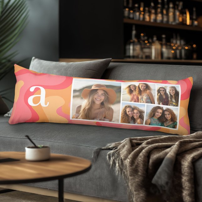 Pink Red Organic Curves Mod Monogram Photo Collage Body Pillow (Body Pillow with Photo Collage)