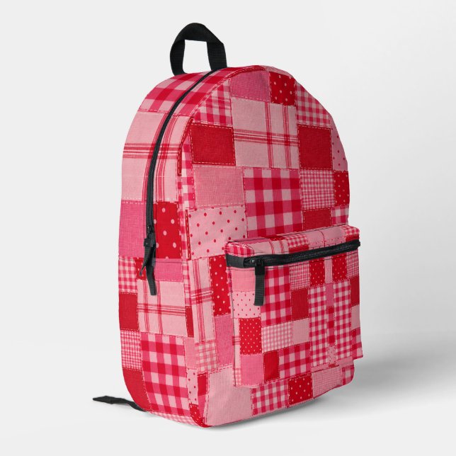 Pink red patchwork pattern printed backpack (Back Corner Left)