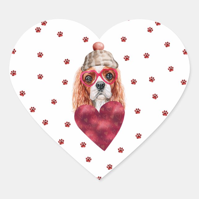 Pink Red Paws Cavalier Spaniel Dog Valentine's Heart Sticker (Front)