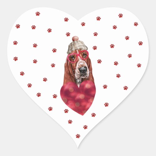 Pink Red Paws Heart Basset Hound Dog Valentines Heart Sticker