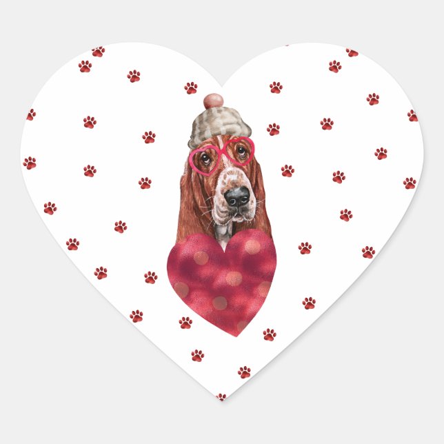 Pink Red Paws Heart Basset Hound Dog Valentines Heart Sticker (Front)
