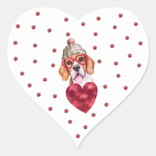 Pink Red Paws Heart Beagle Dog Valentines Heart Sticker