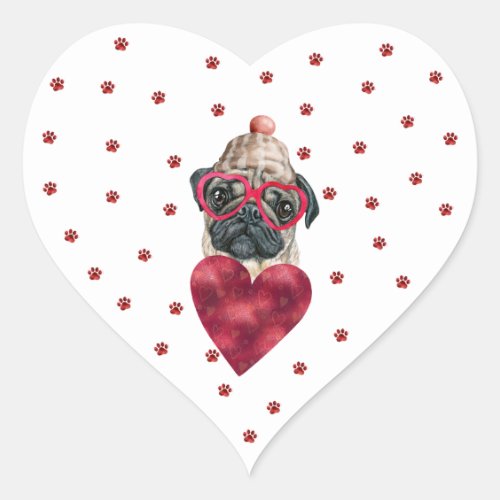 Pink Red Paws Heart Pug Dog Valentines Heart Sticker