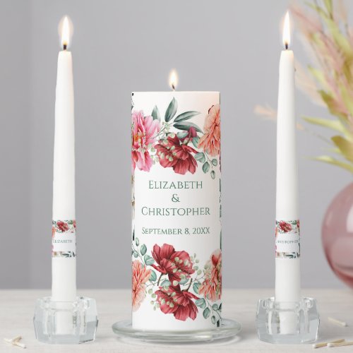 Pink Red Peach Floral Greenery Wedding Unity Candle Set