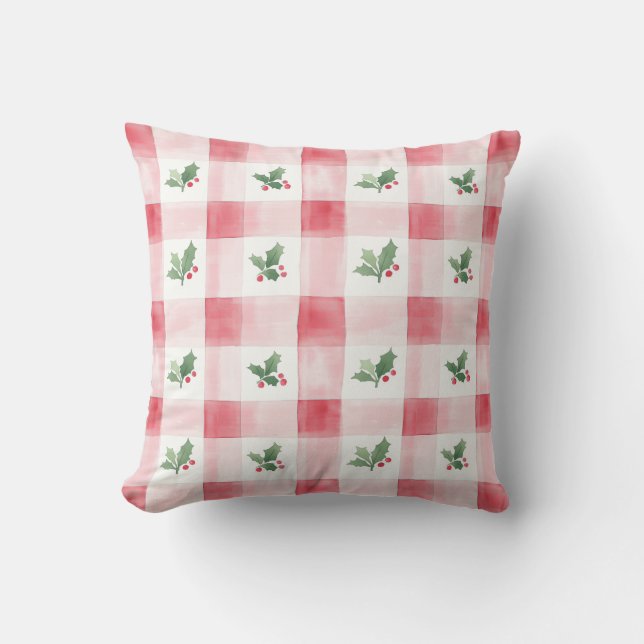 Pink Red Plaid Christmas Throw Pillow (Front)