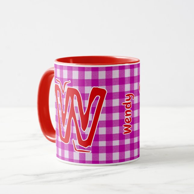 Pink & Red Plaid (Girly Monogram Name) Vintage Mug (Front Left)