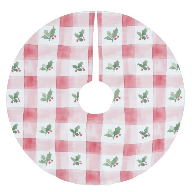 Pink Red Plaid Pattern Christmas Brushed Polyester Tree Skirt (Front)