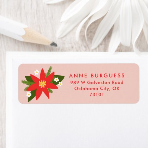 Pink Red Poinsettia Christmas Holiday Mail Label