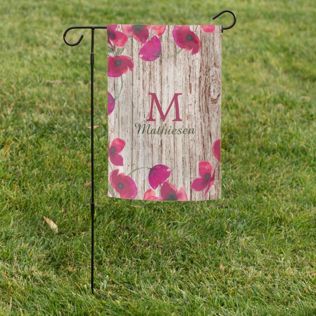 Pink Red Poppies Monogram Welcome Garden Flag (In SItu)