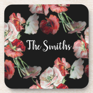 Pink & Red Poppies Pattern Custom Beverage Coaster