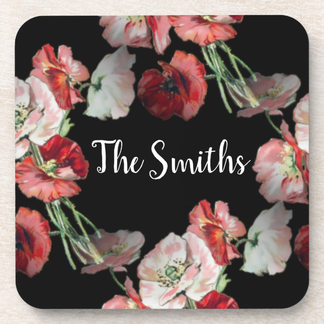 Pink & Red Poppies Pattern Custom Beverage Coaster (Front)