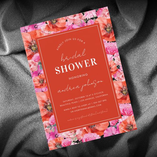 Pink Red Poppy Floral Vibrant Garden Bridal Shower Invitation