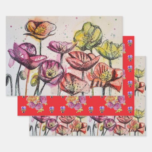 Pink Red Poppy Flower Floral Poppies Watercolor Wr Wrapping Paper Sheets
