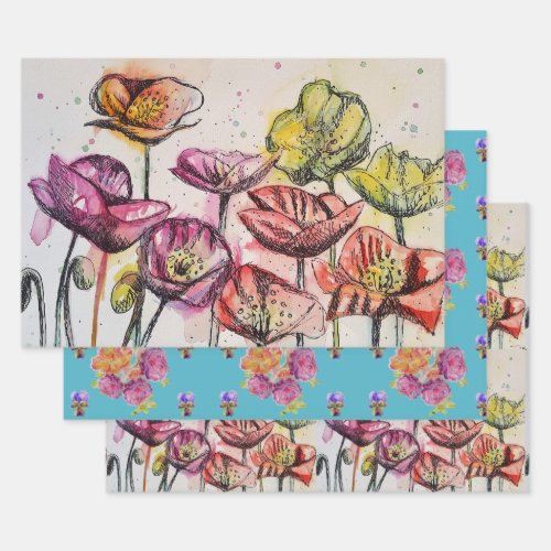 Pink Red Poppy Flower Floral Poppies Watercolor Wrapping Paper Sheets