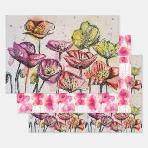 Pink Red Poppy Flower Floral Poppies Watercolor Wrapping Paper Sheets