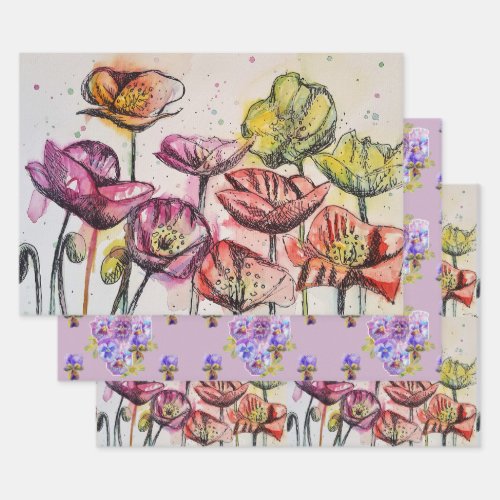 Pink Red Poppy Flower Floral Poppies Watercolor Wrapping Paper Sheets