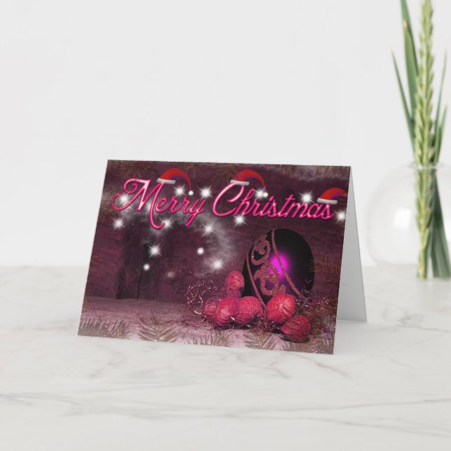 Pink Red & Purple Decorative Balls Merry Christmas Holiday Card (Front)