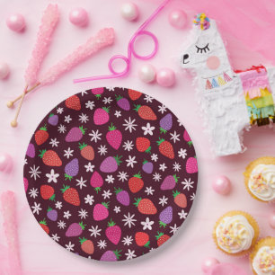 Pink Red Purple Strawberry With Flowers Paper Plates