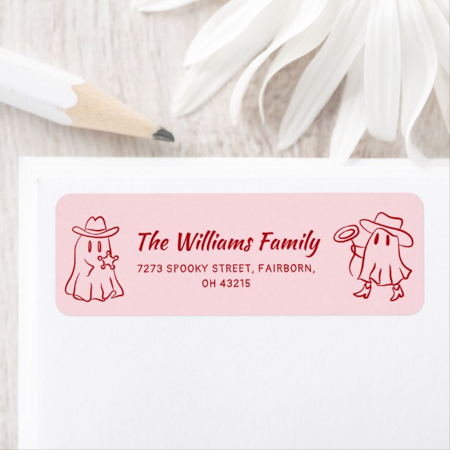 Pink Red Quirky Hand Drawn Cowboy Ghost Halloween  Label (Insitu)
