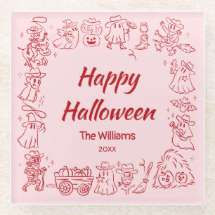 Pink Red Quirky Hand Drawn Doodles Halloween Glass Coaster