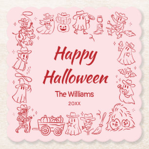 Pink Red Quirky Hand Drawn Doodles Halloween Paper Coaster