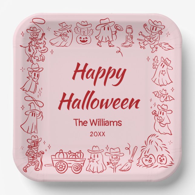 Pink Red Quirky Hand Drawn Doodles Halloween Paper Plates (Front)