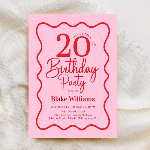 Pink Red Retro 20th Birthday Wavy Border