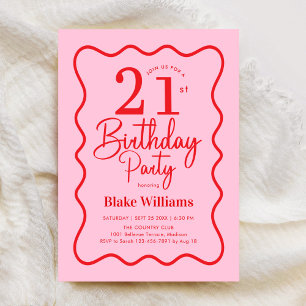 Pink Red Retro 21st Birthday Wavy Border Invitation