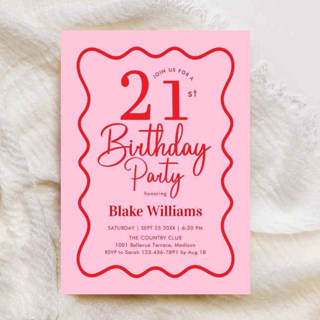 Pink Red Retro 21st Birthday Wavy Border Invitation (Creator Uploaded)
