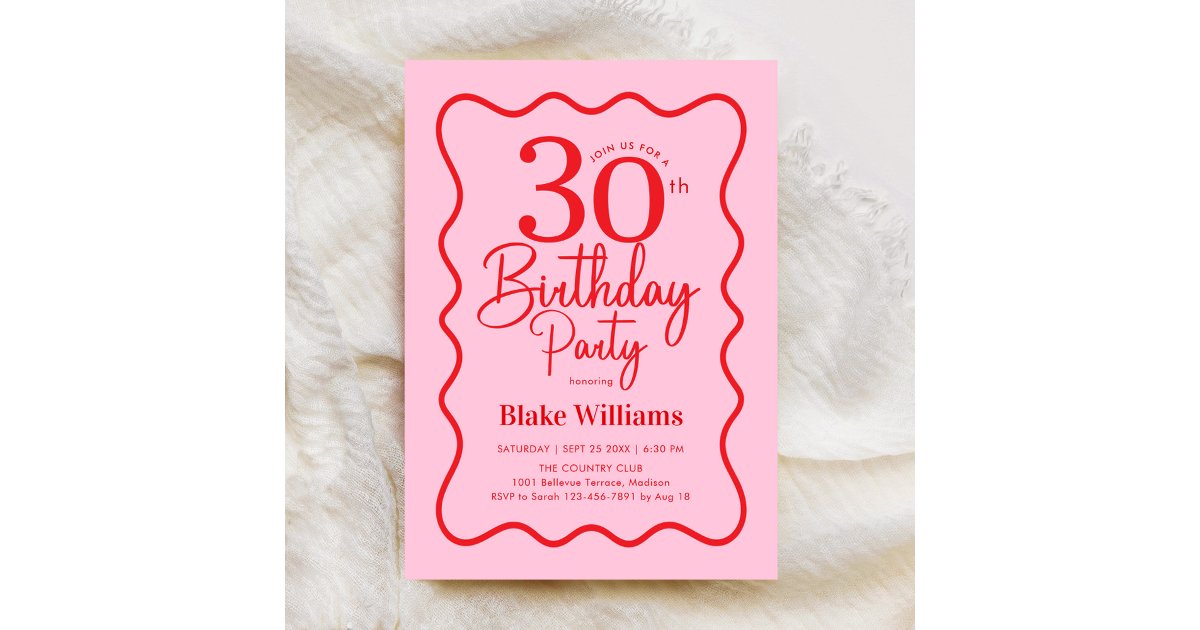 Pink Red Retro 30th Birthday Wavy Border Invitation | Zazzle