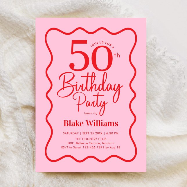 Pink Red Retro 50th Birthday Wavy Border Invitation (Creator Uploaded)