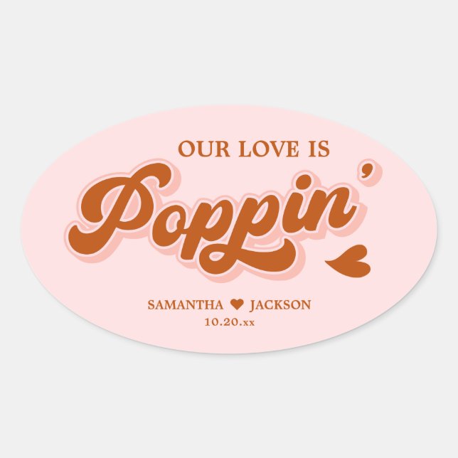 Pink Red Retro 70s Boho Popcorn Wedding Favor Oval Sticker (Front)