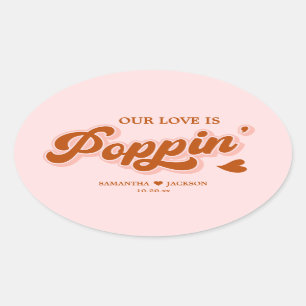 Pink Red Retro 70s Boho Popcorn Wedding Favor Oval Sticker