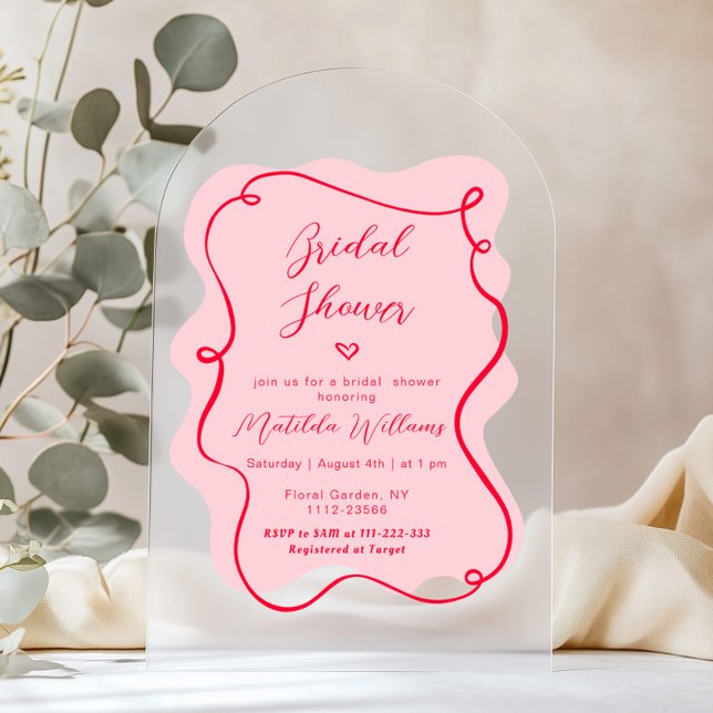 Pink Red Retro Arch wavy bridal shower Acrylic Invitations (Creator Uploaded)