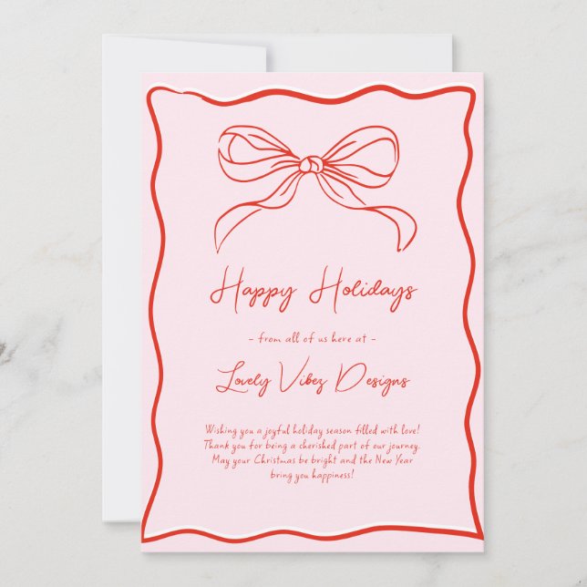 Pink & Red Retro Bow Business French Christmas Holiday Card (Front)