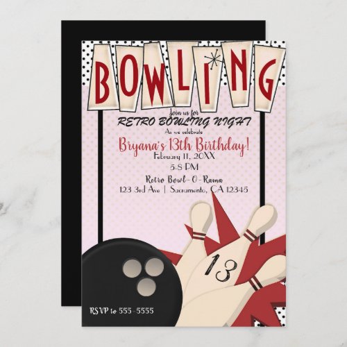 Pink Red Retro Bowling Bowl Night Birthday Party Invitation