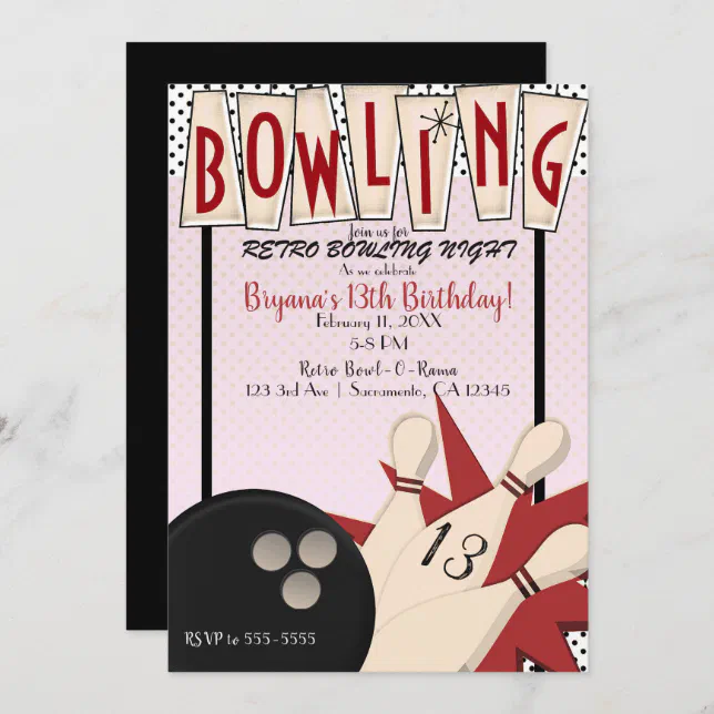 Pink Red Retro Bowling Bowl Night Birthday Party Invitation | Zazzle