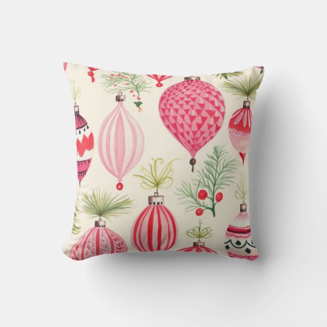 Pink Red Retro Christmas Ornament Throw Pillow (Front)