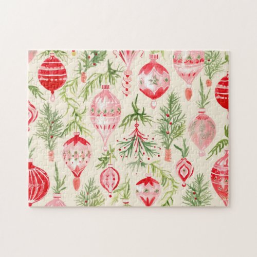 Pink Red Retro Christmas Ornaments Jigsaw Puzzle