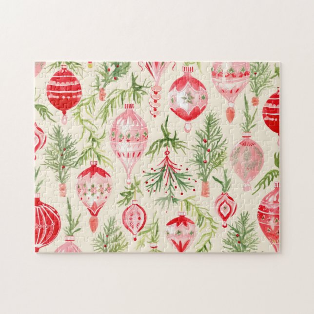 Pink Red Retro Christmas Ornaments Jigsaw Puzzle (Horizontal)